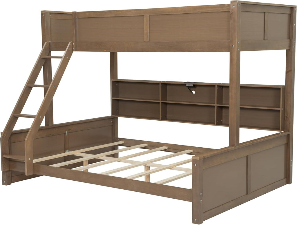 RUNNA Twin XL Over Queen Bunk Bed with Storage Cabinets and USB Ports, Solid Pine Wood Frame, Safety Guard Rails, No Box Spring Needed (Wood1, Twin XL Over Queen)