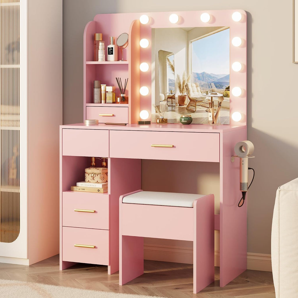 Otterease Vanity Desk with LED Lighted Mirror&Power Outlet, 3 Lighting Colors Makeup Vanity Desk with 5 Large Drawers and 3 Storage Shelves, Pink Vanity with Storage Stool for Bedroom