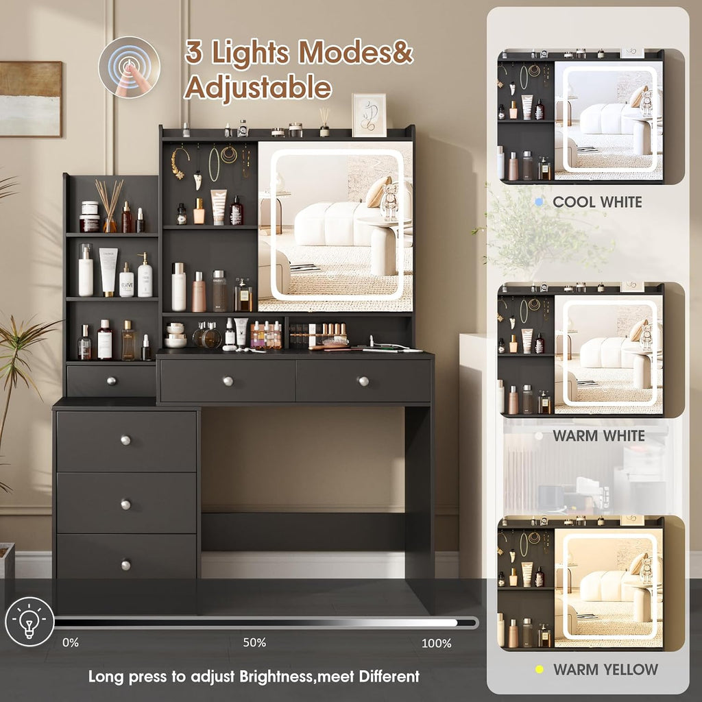 Halitaa Makeup Vanity with Led Mirror and Power Strip,Vanity Desk with Lots Drawers & Openable Mirror,3 Lighting Colors,Open Storage Shelves,Dressing Table for Bedroom,Black