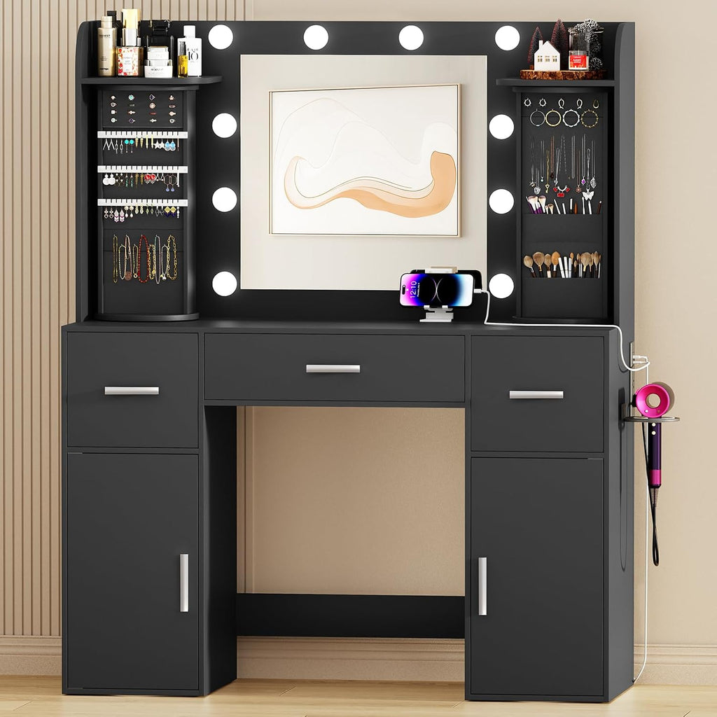 EasyCom Makeup Vanity Desk with Lights and Mirror, Vanity with Storage Rotating Jewelry Organizers, Dressing Table with USB-C Charging Station, 3 Drawers & 2 Cabinets for Bedroom, Dressing Room, Black