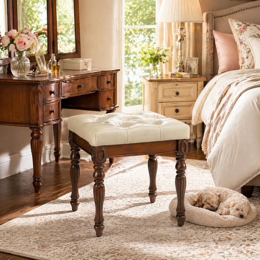 Vanity Bench Stool with Upholstered Seat, Piano Bench with Solid Wood Carving Legs, Home Chairs Button Padded Cushion, Makeup Dressing Bench, No-Tools Assembly, Cherry Walnut Leg & Beige FD1533BG