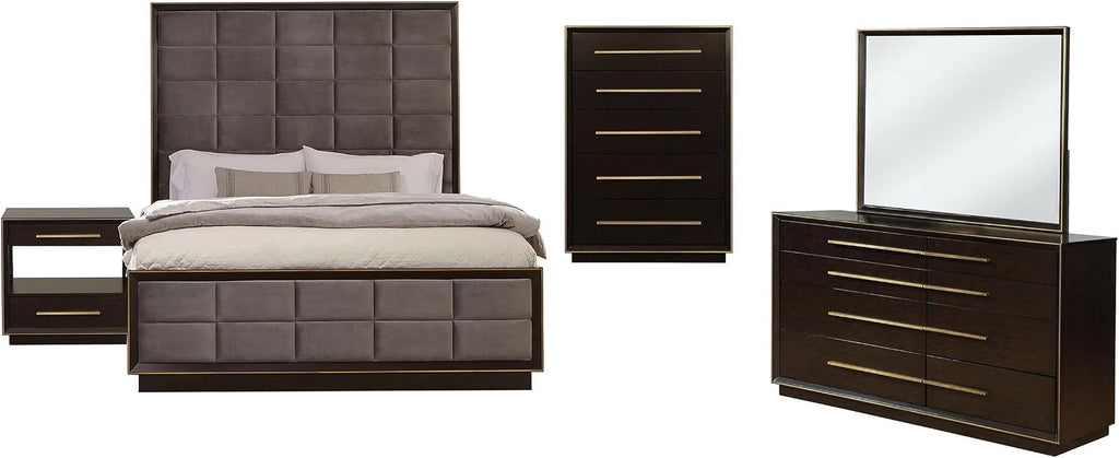 Coaster Home Furnishings Durango Contemporary 5-Piece Bedroom Set Velvet Upholstered Eastern King Size Panel Bed Frame 80-inch Headboard Smoked Peppercorn 223261KE-S5