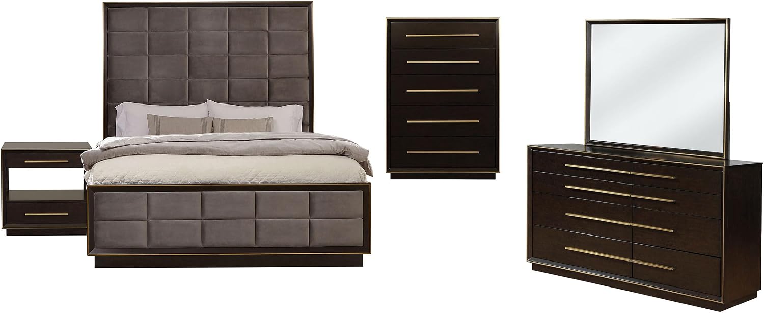 Coaster Home Furnishings Durango Contemporary 5-Piece Bedroom Set Velvet Upholstered Eastern King Size Panel Bed Frame 80-inch Headboard Smoked Peppercorn 223261KE-S5