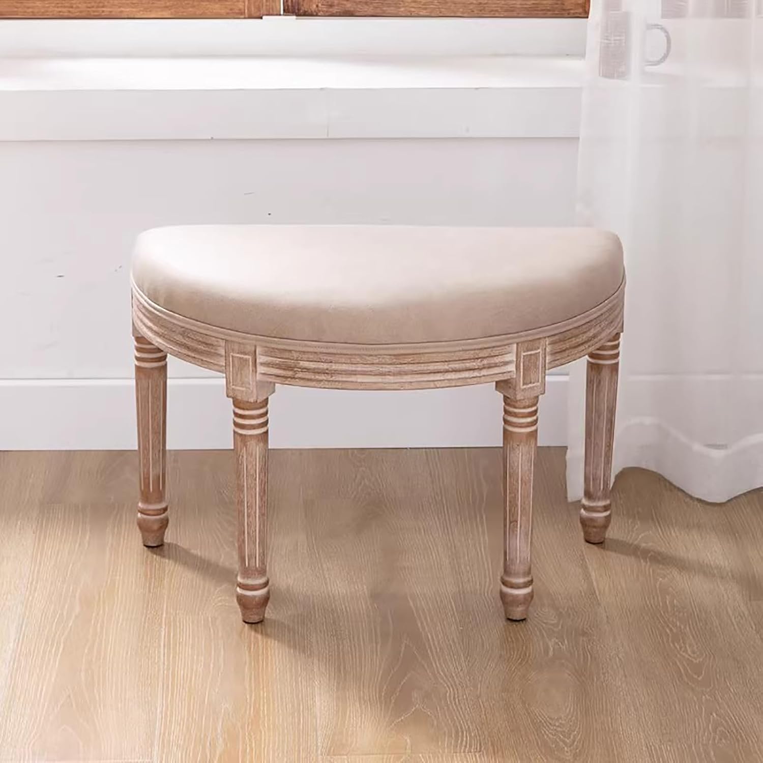 Solid Wood Vanity Bench,Moon Half Entryway Shoe Bench,Comfy Upholstered Piano Bench,Vintage Ottoman Bench,Home Decor Sofa Bench Bedroom Bench (27.56″W×13.78″D×18.5″H, Leather Offwhite)