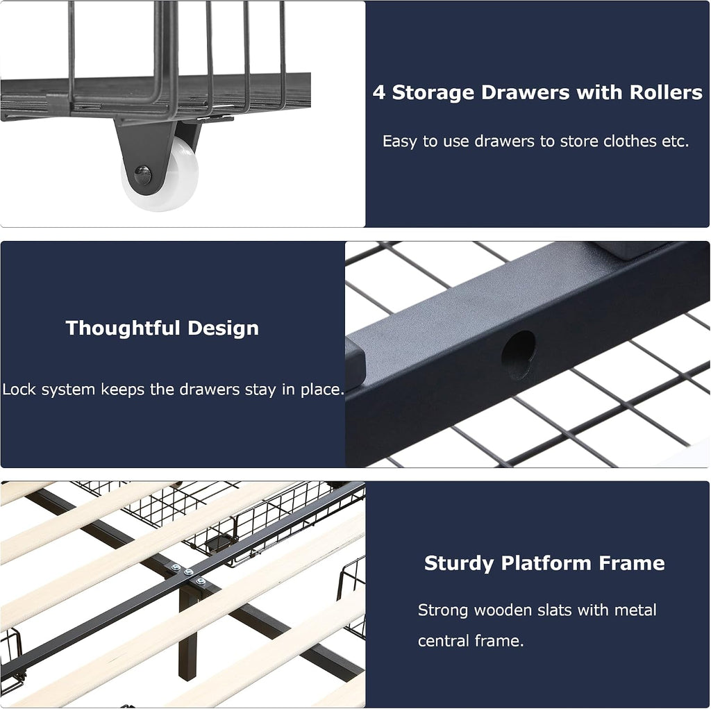 VECELO King Size Bed Frame with 4 Storage Drawers, Adjustable Height Headboard, Heavy-Duty Bedframe with Strong Wooden Slats, No Box Spring Needed, Black