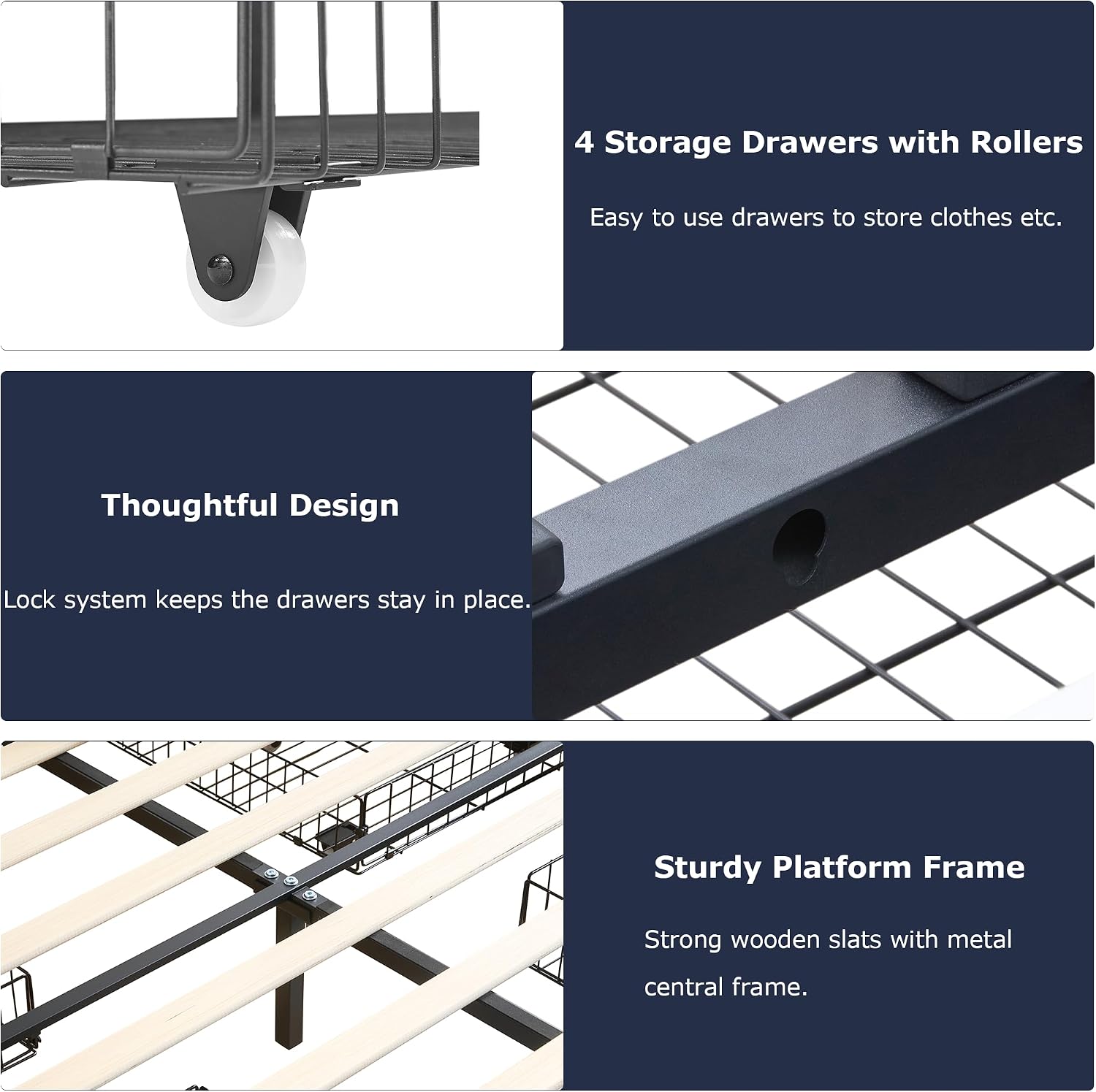 VECELO King Size Bed Frame with 4 Storage Drawers, Adjustable Height Headboard, Heavy-Duty Bedframe with Strong Wooden Slats, No Box Spring Needed, Black