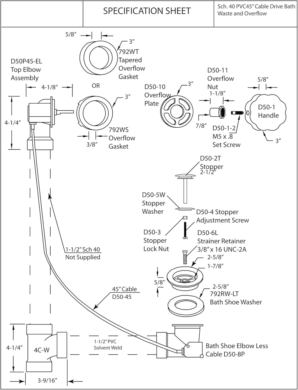 Westbrass A50P45-65 45' SCH. 40 PVC Cable Driven Bath Drain Trim Kit with Rotary Overflow Cover Knob and Pop-Up Stopper, Biscuit