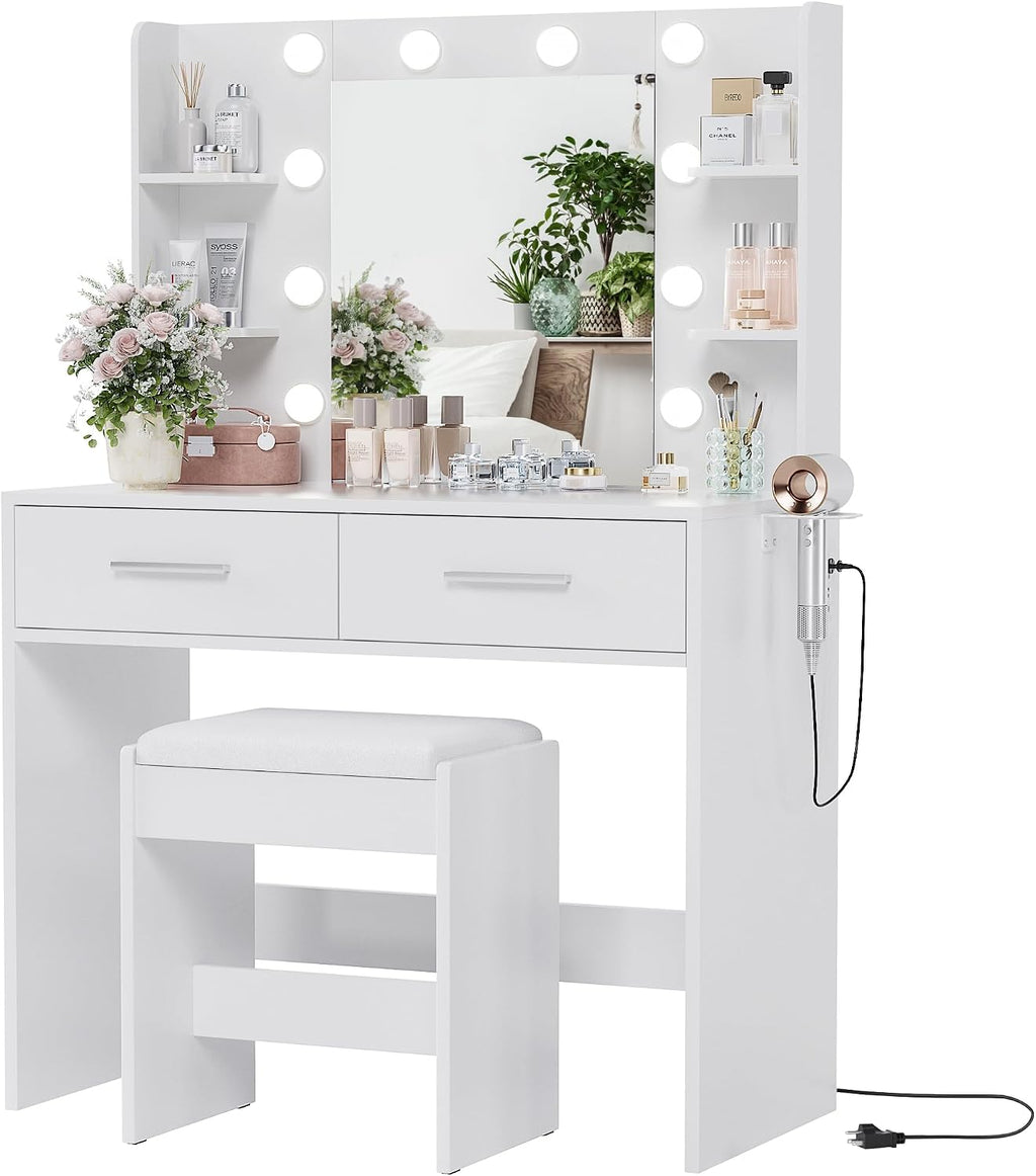 YESHOMY Vanity Desk with Mirror, Makeup Table with 2 Large Drawers, Power Outlet and Round Holder, 3 Color Modes Adjustable Bulb, Bench Included, Easy Assembly, Gloss White