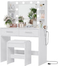 YESHOMY Vanity Desk with Mirror, Makeup Table with 2 Large Drawers, Power Outlet and Round Holder, 3 Color Modes Adjustable Bulb, Bench Included, Easy Assembly, Gloss White