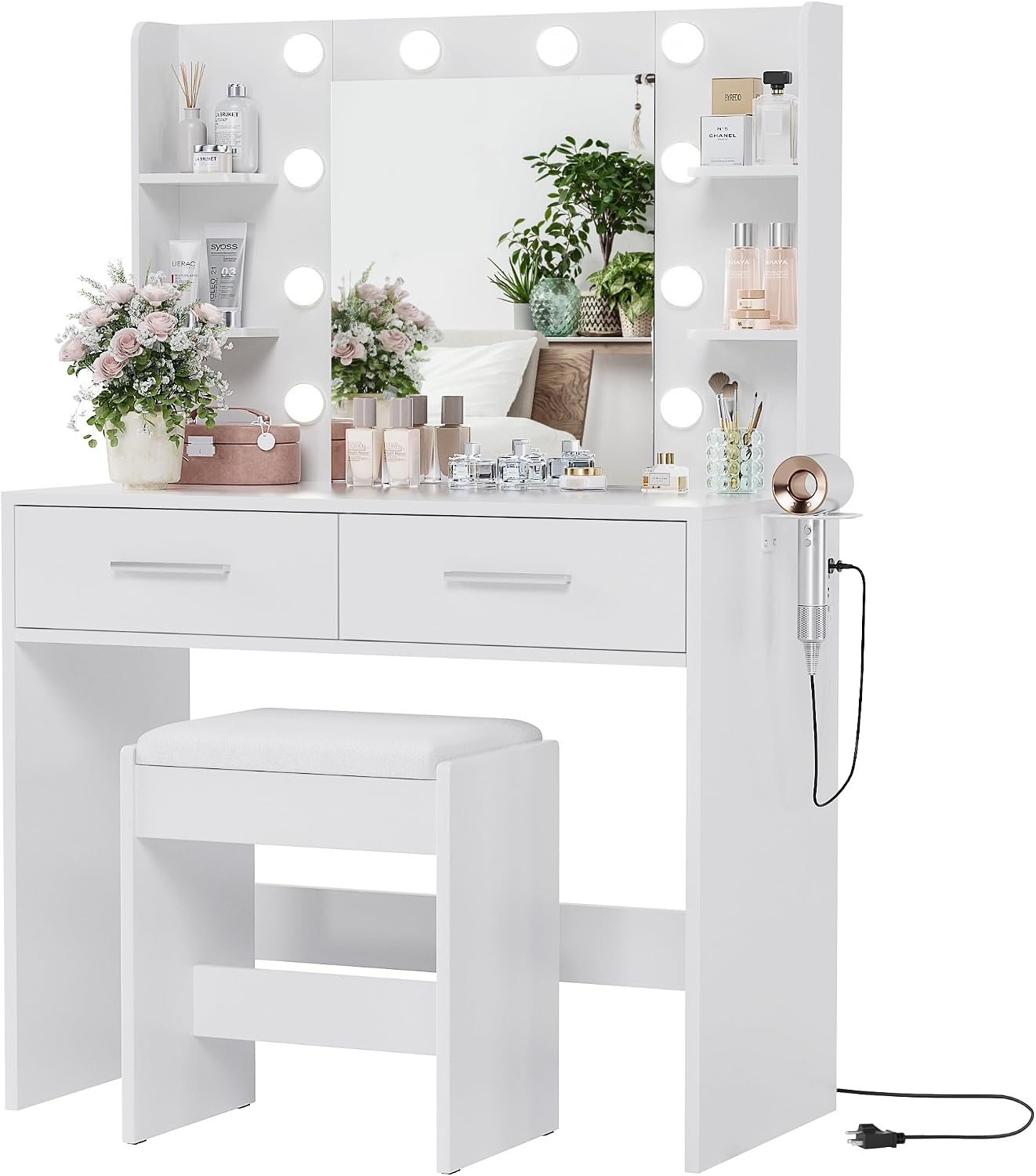 YESHOMY Vanity Desk with Mirror, Makeup Table with 2 Large Drawers, Power Outlet and Round Holder, 3 Color Modes Adjustable Bulb, Bench Included, Easy Assembly, Gloss White