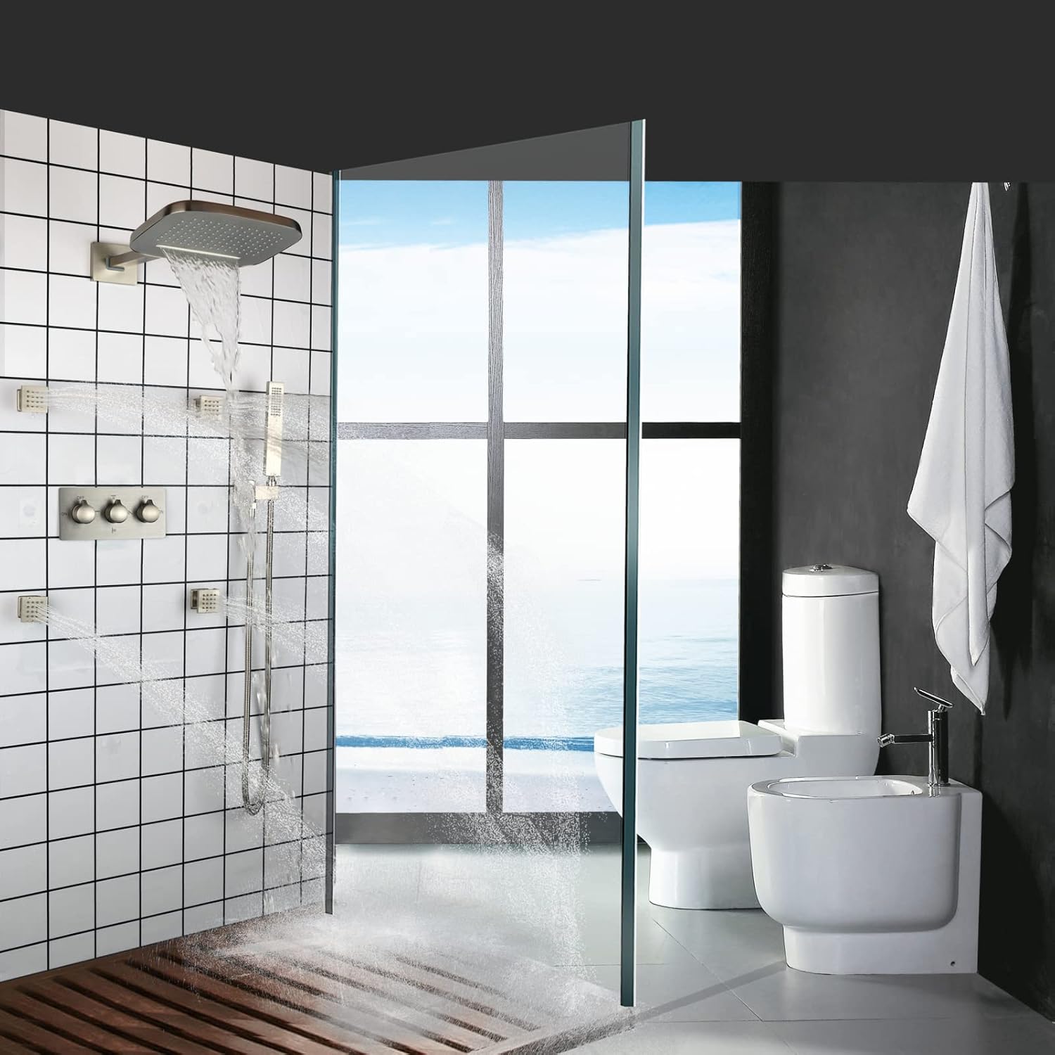 Brushed Waterfall Rain Shower Head With Handheld Spray Wall Mounted Brass 8X10 Inch Rainfall Showers System Massage Spa Body Combo Set