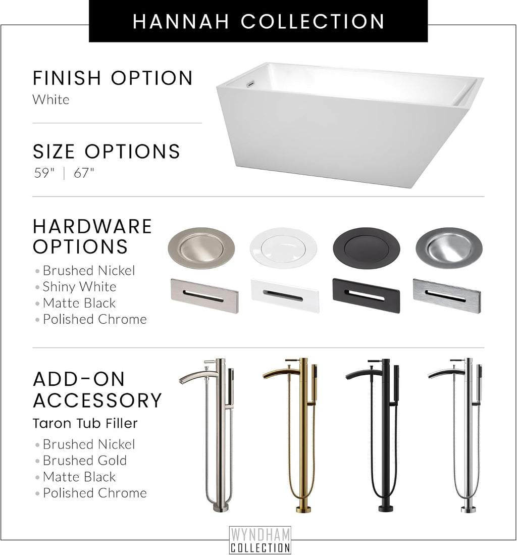 Wyndham Collection Hannah 59 inch Freestanding Bathtub for Bathroom in White with Polished Chrome Drain and Overflow Trim