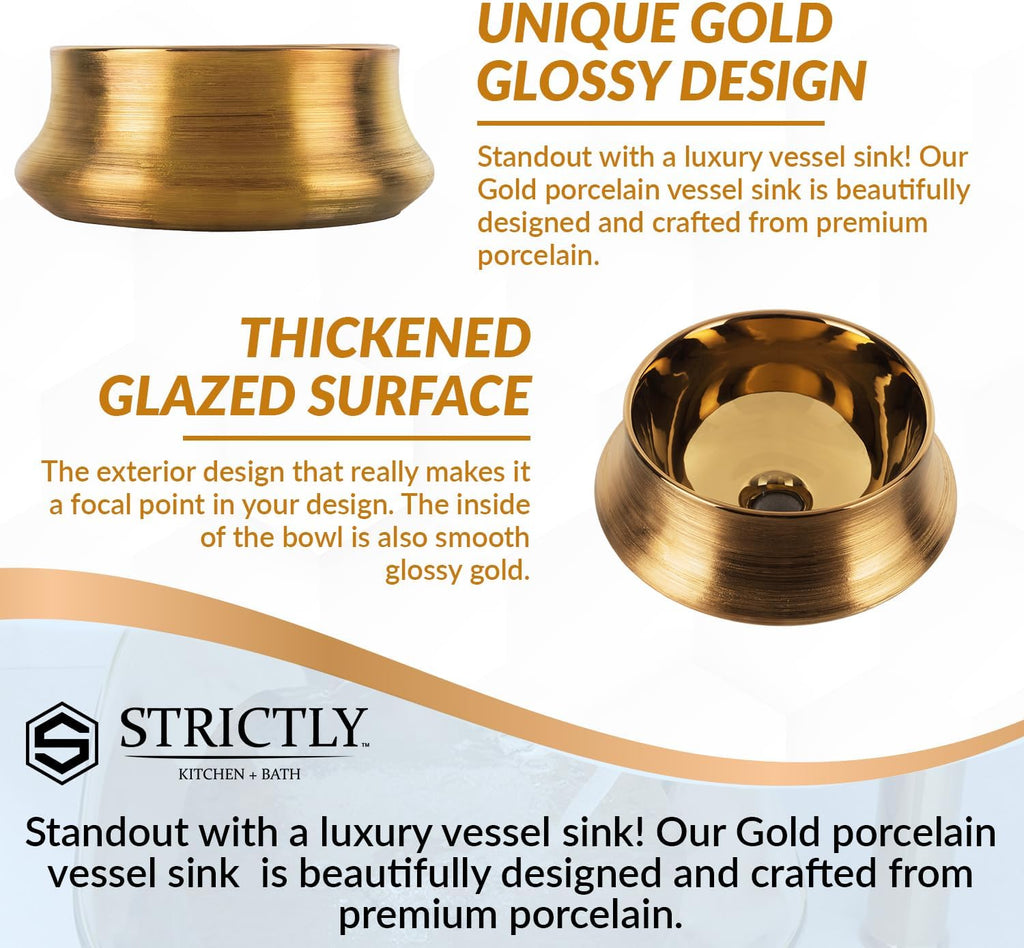 Strictly Sinks 14 Inch Bathroom Vessel Sink – Glossy Gold Ceramic Countertop Bathroom Sink – Easy to Install Above Counter Luxurious Vessel Sink for Bathroom (14″ W x 14″ L x 5-1/2″ H)