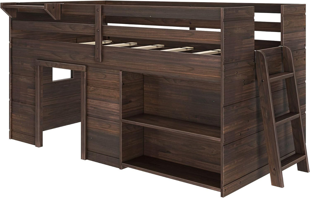 Max & Lily Modern Farmhouse Low Loft (Twin), with Bookcase, Barnwood Brown