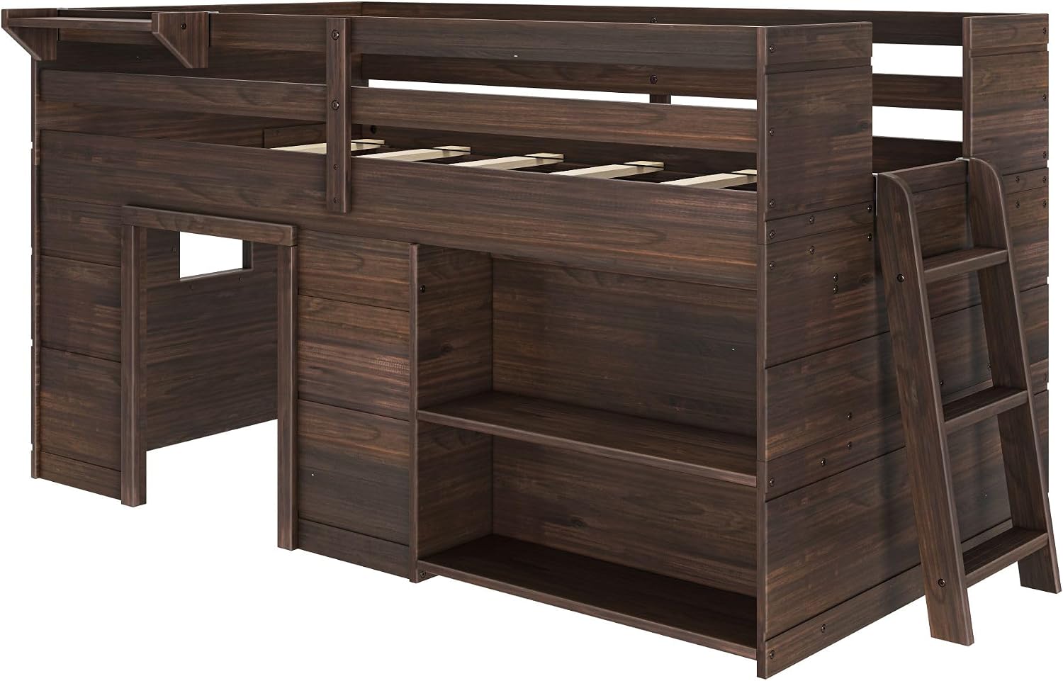 Max & Lily Modern Farmhouse Low Loft (Twin), with Bookcase, Barnwood Brown