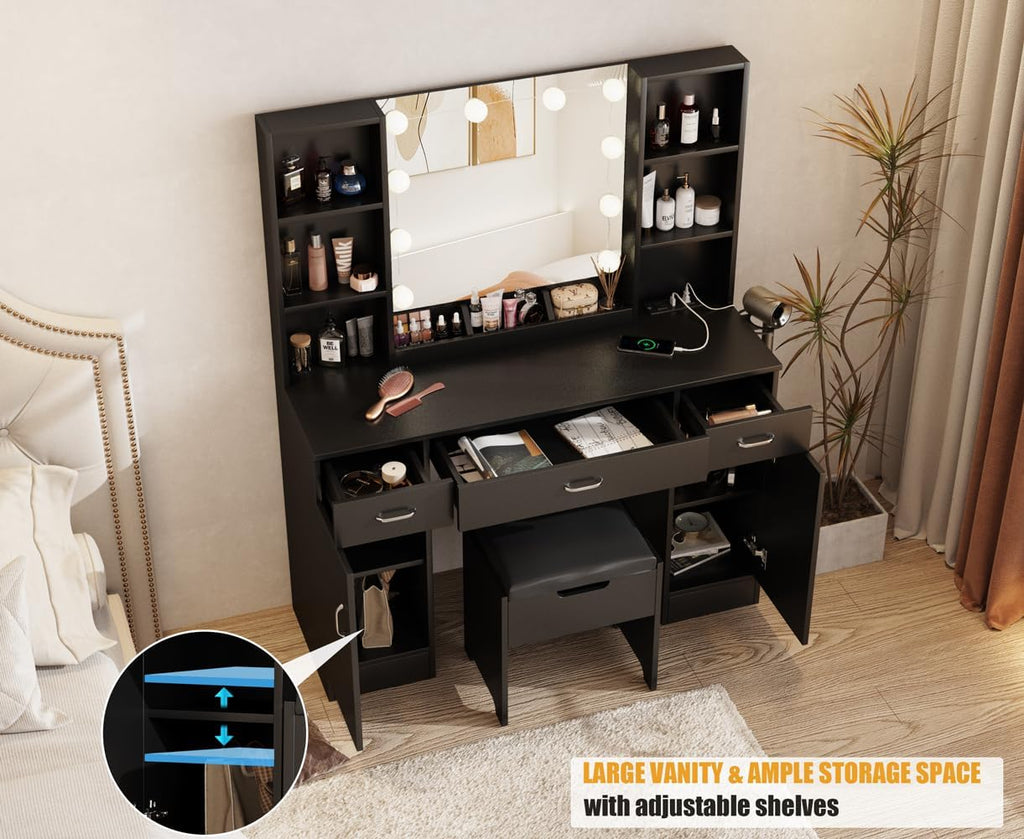 Vabches Vanity Desk with Lights and Mirror, Makeup Vanity Table with Charging Station, 45in Big Vanity Set with Storage Stool, Black