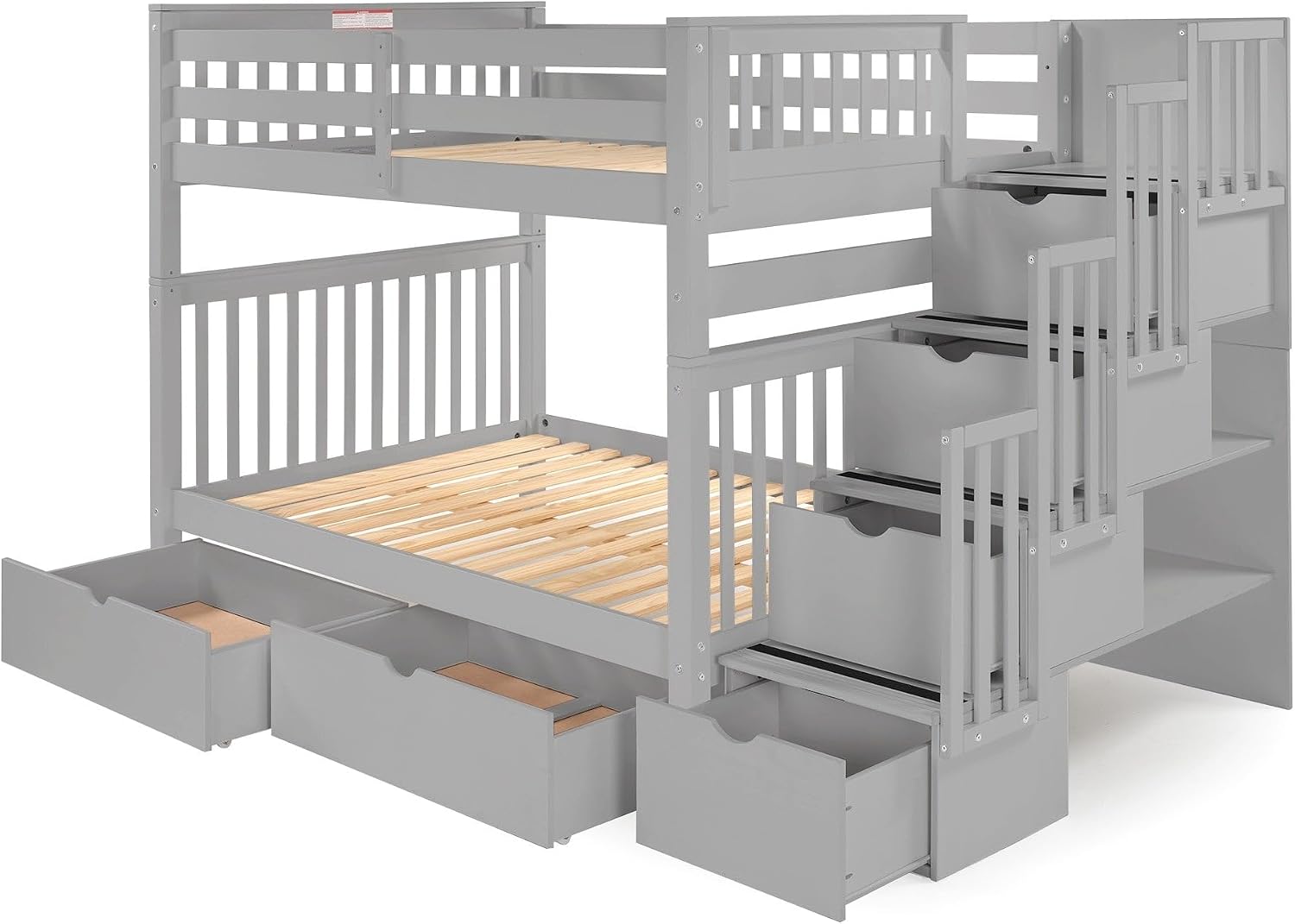 Bedz King Stairway Bunk Beds Full Over Full, 4 Step Drawers, 2 Storage Drawers, Gray