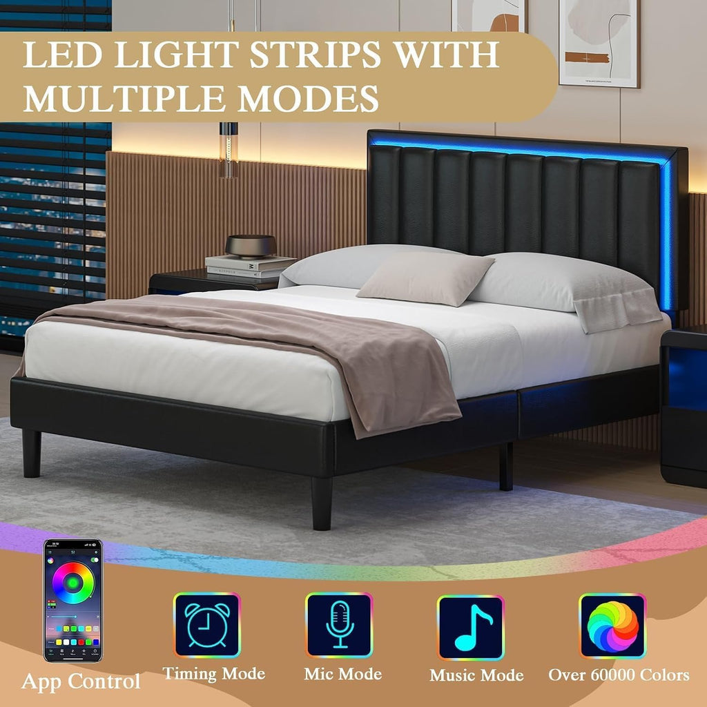 IMMERSTABLE Queen Bed Frame with LED Lights, Upholstered Bed Frame Queen Size with Headboard, Heavy Duty Wood and Metal Slats Support, Noise-Free, No Box Spring Needed, Easy Assembly, Black