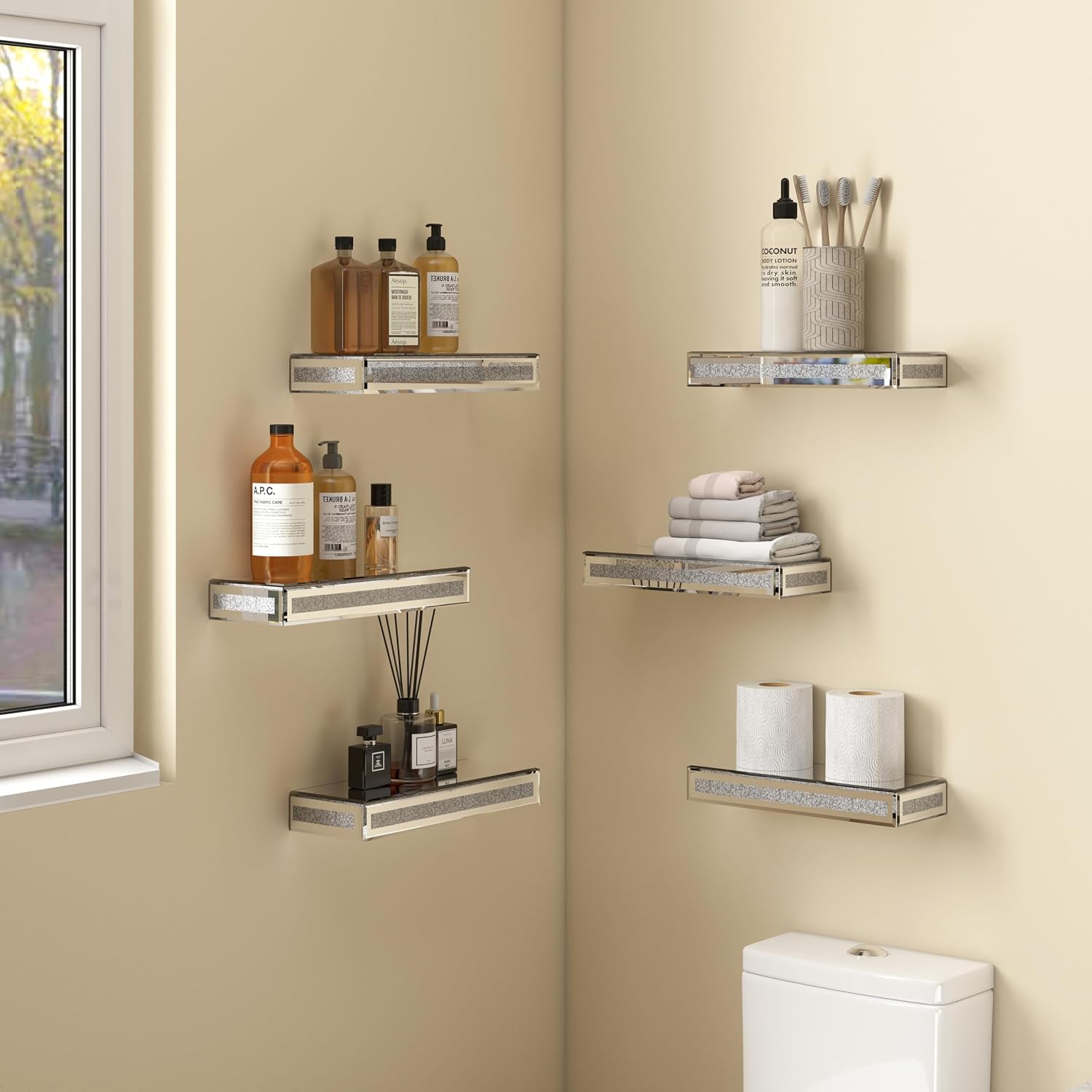 SHYFOY Mirrored Floating Shelves Set of 6, Bling Shelves for Wall Decor, Silver Glass Shelf for Bedroom, Bathroom Storage Shelves, Book Shelves for Living Room