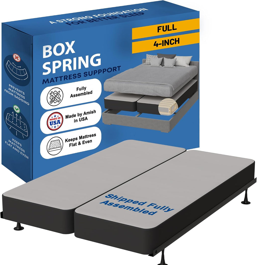 Greaton, Box Spring Bed Base Full Size, 4-Inch Wood Mattress Foundation – Amish Made in USA – Quiet Noise Free, 2-Pieces Under Mattress-Support BoxSpring, Fully Assembled, Gray