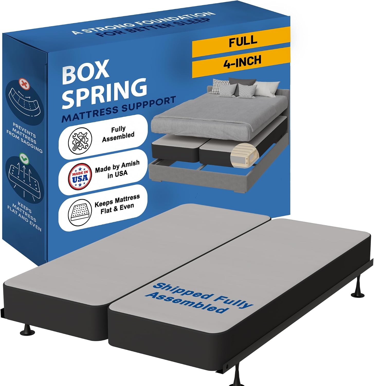 Greaton, Box Spring Bed Base Full Size, 4-Inch Wood Mattress Foundation – Amish Made in USA – Quiet Noise Free, 2-Pieces Under Mattress-Support BoxSpring, Fully Assembled, Gray