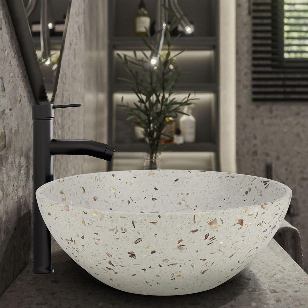 YIMAI Terrazzo Vessel Sink with Faucet and Drain, 15.7' Round Concrete Bathroom Sink Above Counter, Modern Artisanal Wash Basin Bowl with Matte Finish, Easy Install Combo Set for Vanity