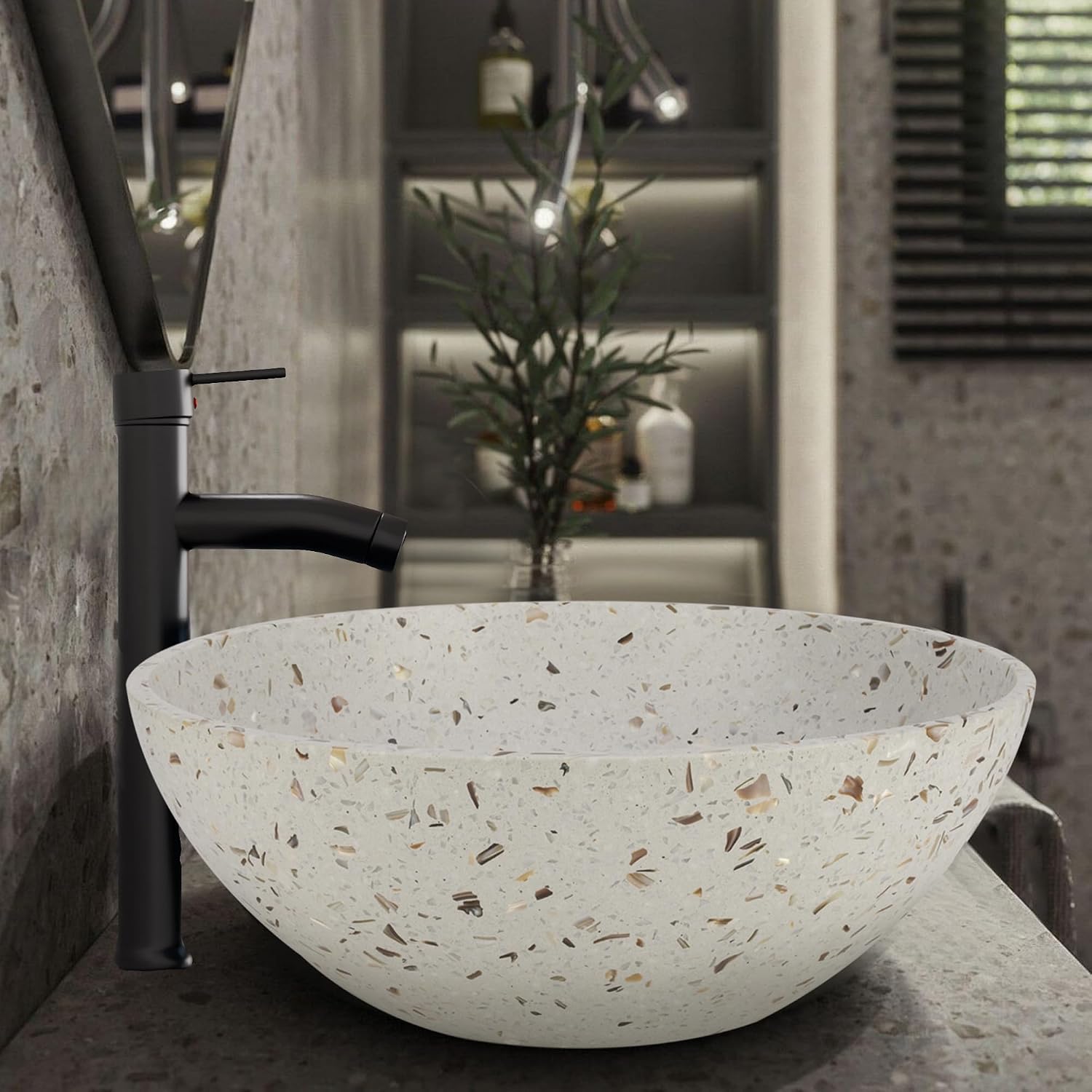 YIMAI Terrazzo Vessel Sink with Faucet and Drain, 15.7' Round Concrete Bathroom Sink Above Counter, Modern Artisanal Wash Basin Bowl with Matte Finish, Easy Install Combo Set for Vanity