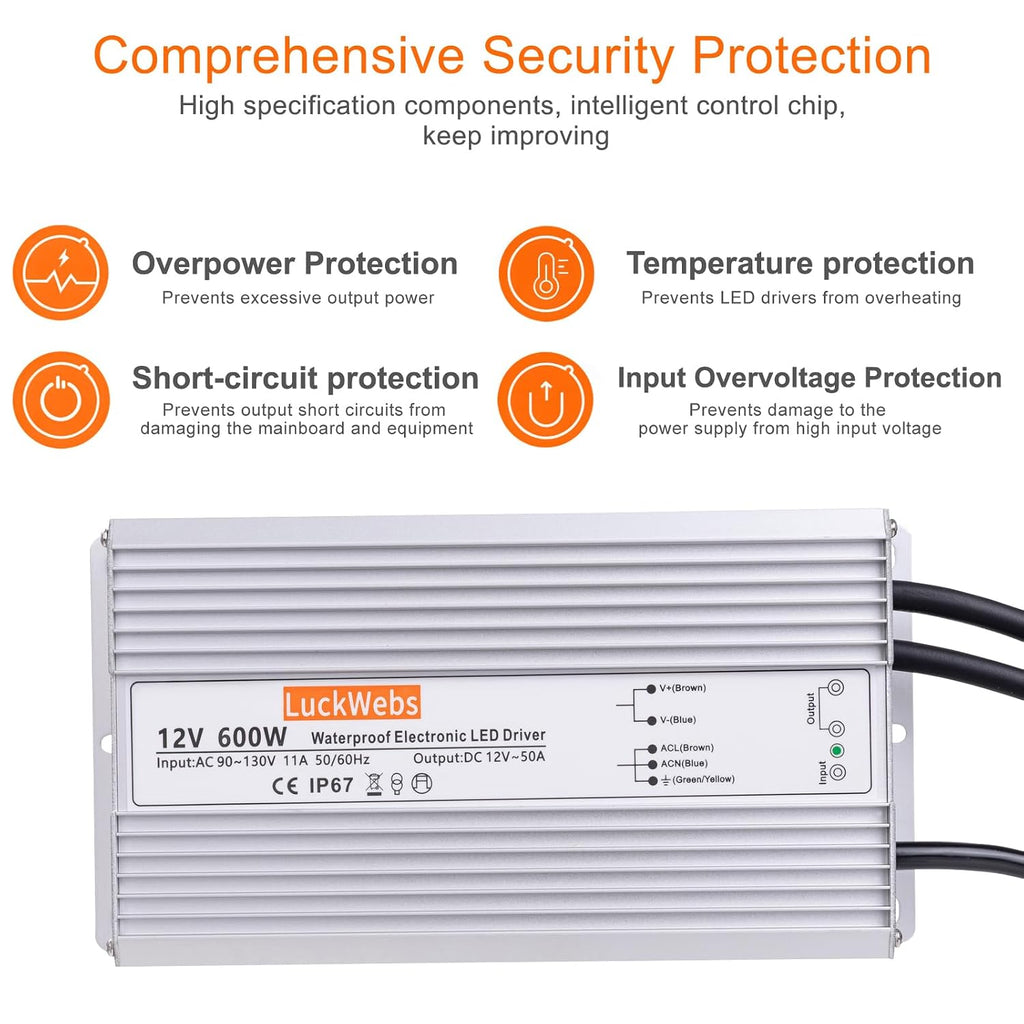 LED Driver 12V 600W Waterproof Power Supply AC 90-130V to DC 12V50A Low-Voltage IP67 Switching Power Supply Outdoor LED Garden Landscape Lights LED Strip Light Spotlights Transformer