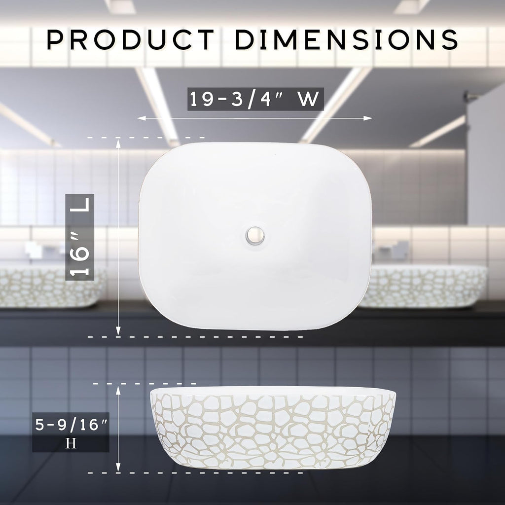 Strictly Sinks 19 Inch Round-Rectangular Gloss White Vessel Sink - Ceramic Countertop Bathroom Sink – Easy to Install Above Counter Luxurious Bathroom Vessel Sink (19-3/4″ W x 16″ L x 6″ H)