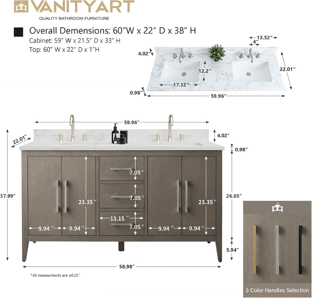 Vanity Art 60 inch Bathroom Vanity with Double Sink & Ceramic Top, Vanity Cabinet with Soft-Closing Doors, Drawers, Solid Wood Frame, Driftwood Gray, VA9060-DDG-GB1