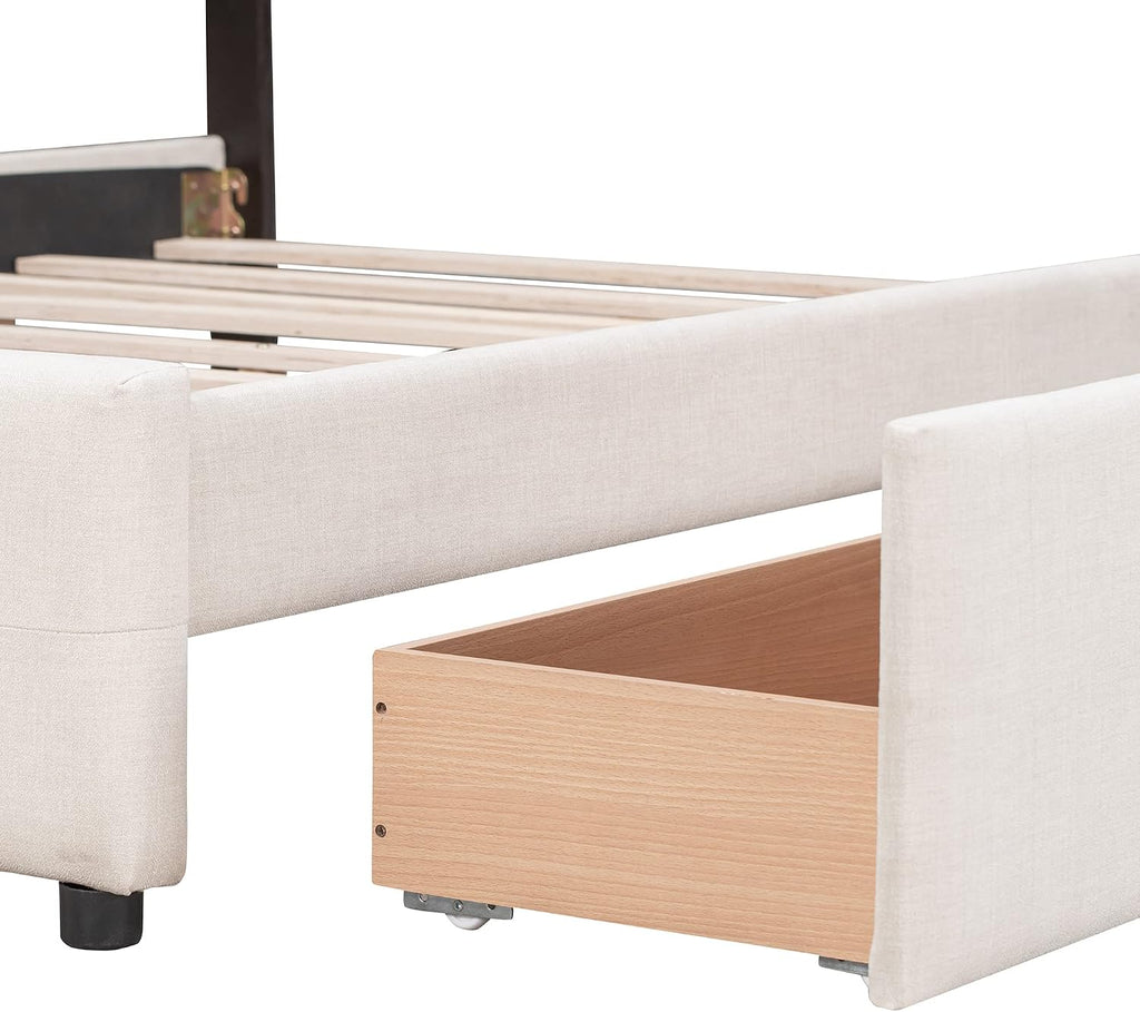 Merax Queen Size Beige Linen Fabric Upholstered Platform Bed with 4 Storage Drawers and Classic Headboard, No Box Spring Needed