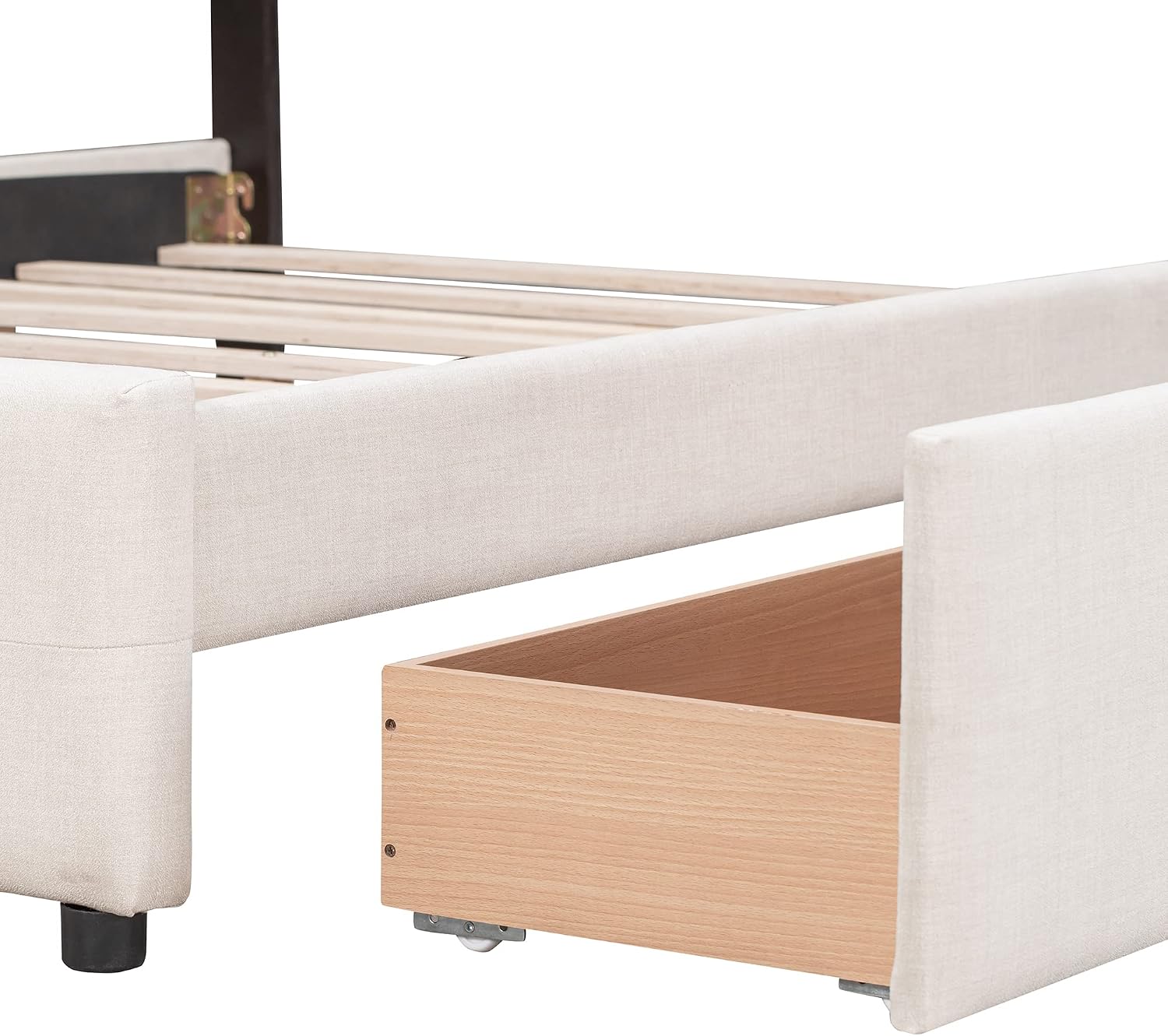 Merax Queen Size Beige Linen Fabric Upholstered Platform Bed with 4 Storage Drawers and Classic Headboard, No Box Spring Needed