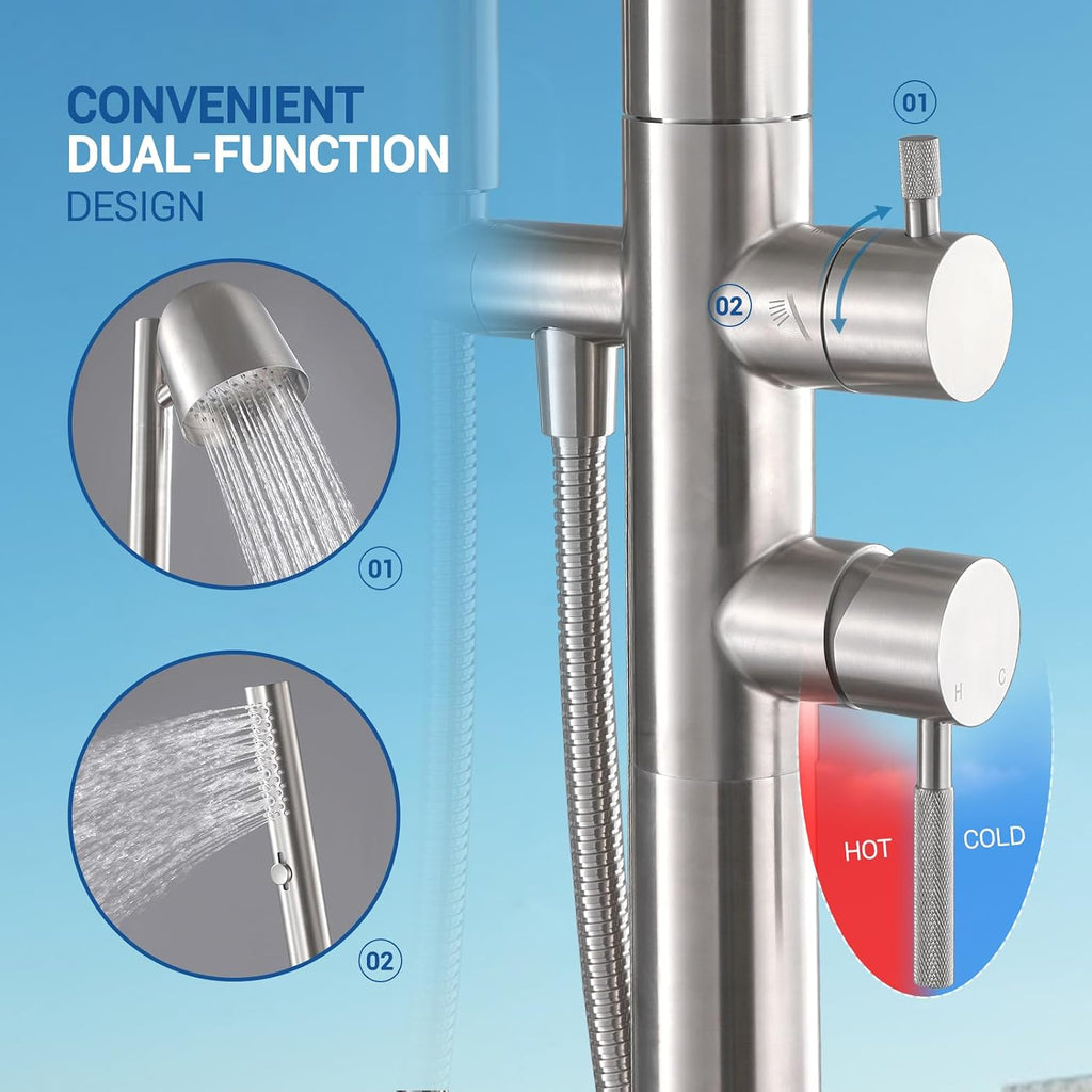 Freestanding Outdoor Shower Faucet Set, Outdoor Shower Kit with 3-Function Handheld Shower and Rain Shower, Stainless-Steel Outdoor Shower System for Patio, Pool, Garden - Brushed Nickel