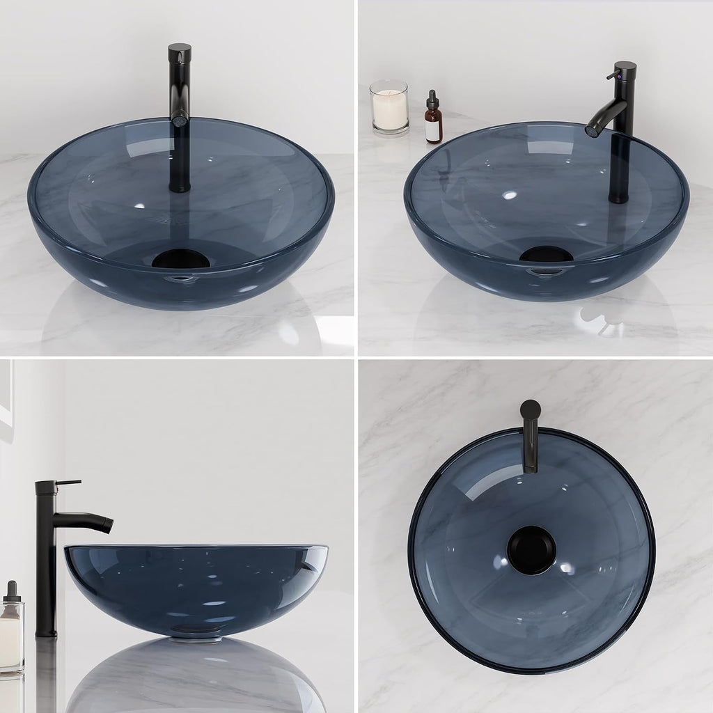 Design Vessel Sink Bathroom Sink above counter Small Vessel Sink Bathroom Sink Bowl Countertop Modern Sinks with faucet and drain combo 16.5' Round Transparent New