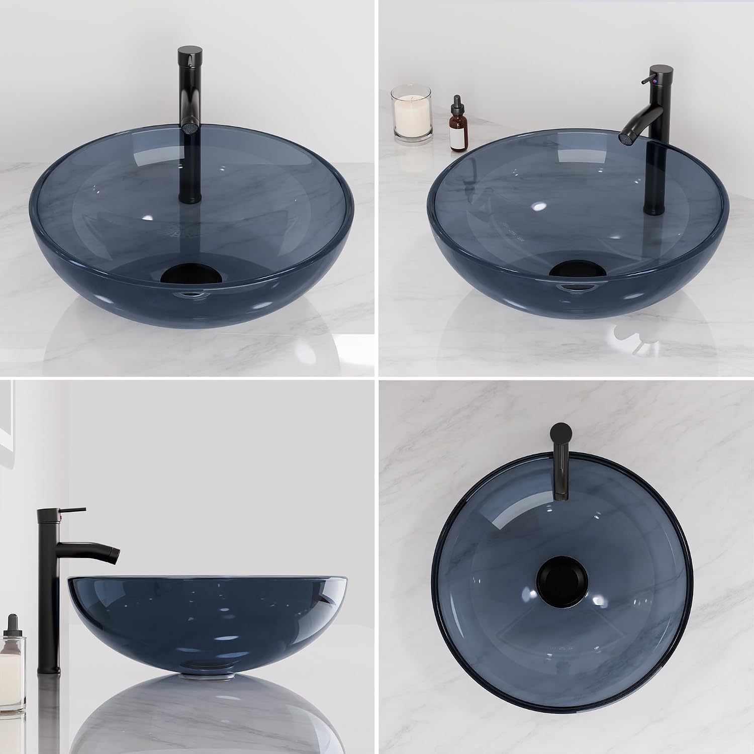 Design Vessel Sink Bathroom Sink above counter Small Vessel Sink Bathroom Sink Bowl Countertop Modern Sinks with faucet and drain combo 16.5' Round Transparent New
