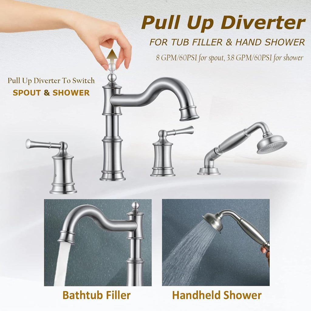 Roman Bathtub Faucet Set With Hand Shower 4 Hole Deck Mount Tub Filler With Diverter, 2 Lever Handle Rough-in Valve and Water Supply Lines Included for Bathroom Tub, Brushed Nickel