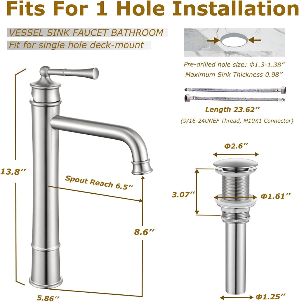Tall Bathroom Faucet Brushed Nickel, Antique Design, Single Handle, 1 Hole Sink Mount, Pop Up Drain & Supply Lines Included, Ideal for Vessel, Vanity, Lavatory, RV, Farmhouse (L2302-BN)