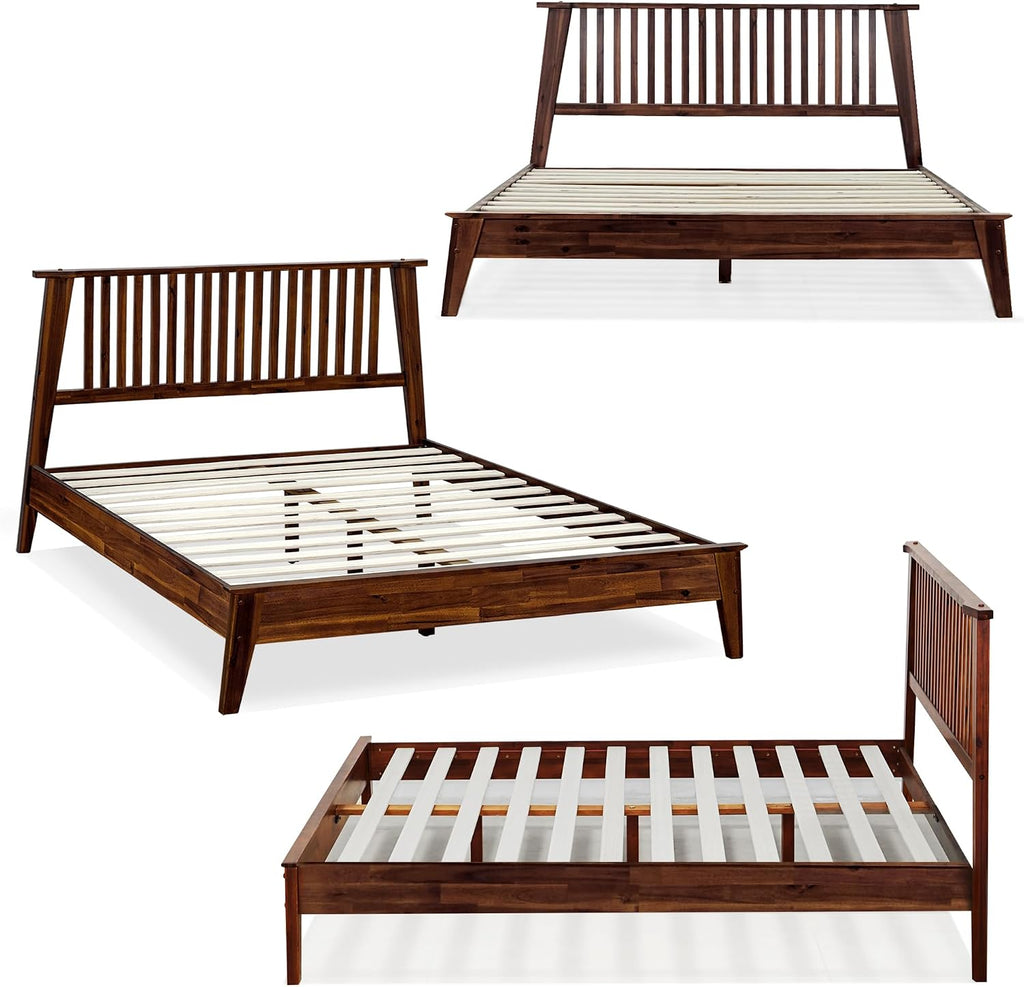 Acacia Kaylin Bed Frame with Headboard Solid Wood Platform Bed, King Bed Frame, Themed Headboard Wood Bed Compatible with All Mattress Types, No Box Spring Needed, Quick & Easy Assembly, Chocolate.