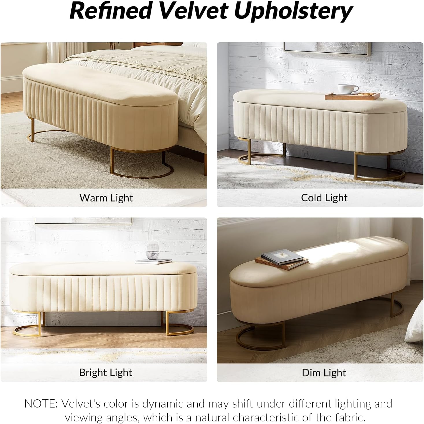 50.5' Velvet Storage Ottoman Bench with Gold-Toned Legs, Luxury Upholstered End of Bed Multi-Functional Footrest & Seat for Bedroom & Entryway