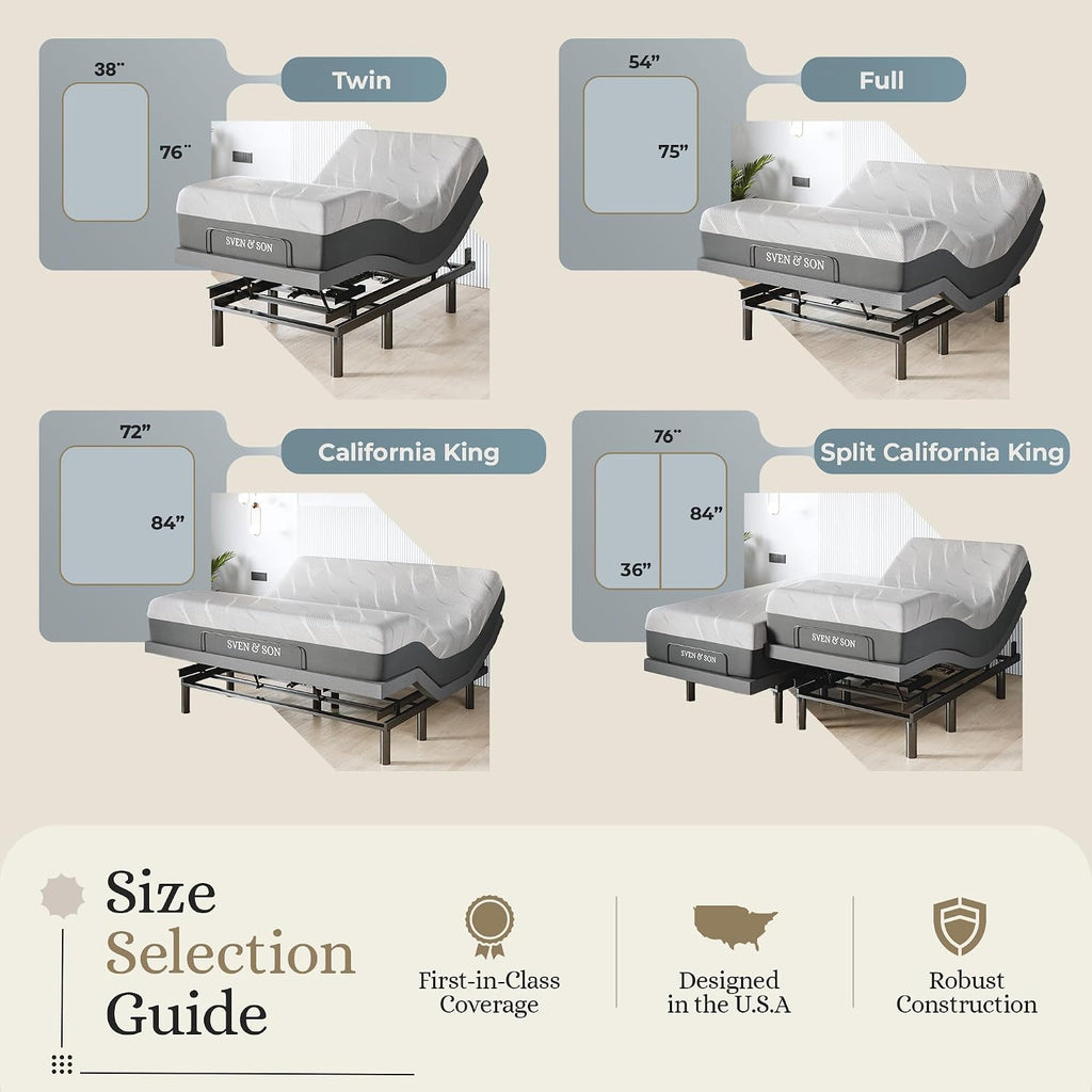 Sven & Son Harmony Adjustable Bed Base, Head and Foot Lift, Massage, Under-Bed Lights, USB, Gel Memory, Zero Gravity Smart Frame - Full + 14 inch Hybrid Spring Matt (Medium Soft)