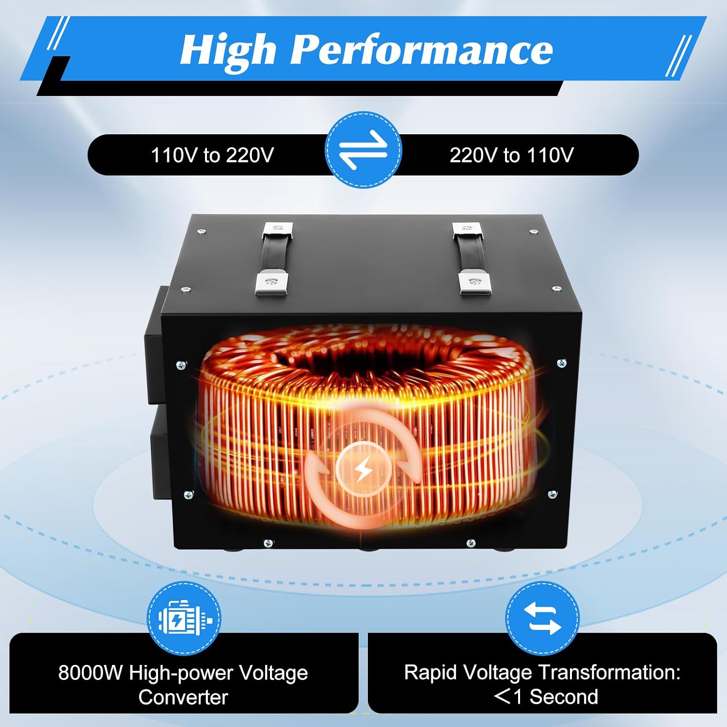 8000W Voltage Transformer Converter - Step Up/Down 110V to 220V & 220V to 110V Power Converter with US Standard Plug, Safety Guard, Portable Handle & Low Noise, Voltage Transformer Black