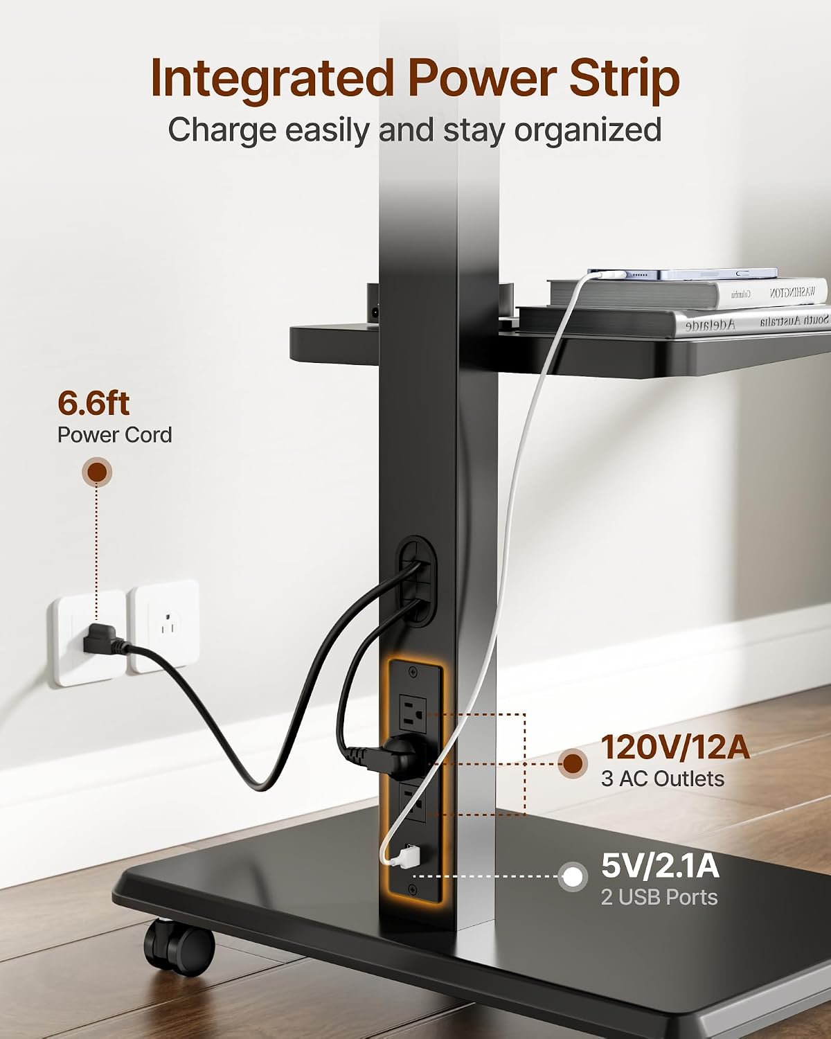 Steel Base Rolling TV Stand with Power Outlet for 32-75 inch TVs up to 110 lbs, Leveling & Tilt & Swivel Mobile TV Stand with Hidden Wire Management, Height Adjustable Portable Tv Stand, Black
