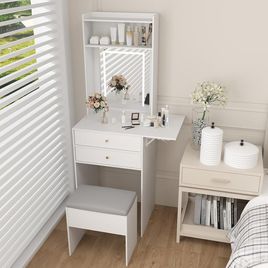 ARTETHYS Small Vanity Desk Set with 3 Adjustable Lighted Mirror and Storage Chair Mini Makeup Vanities Set for Compact Space White Dressing Table with Fold-up Panel for Bedroom