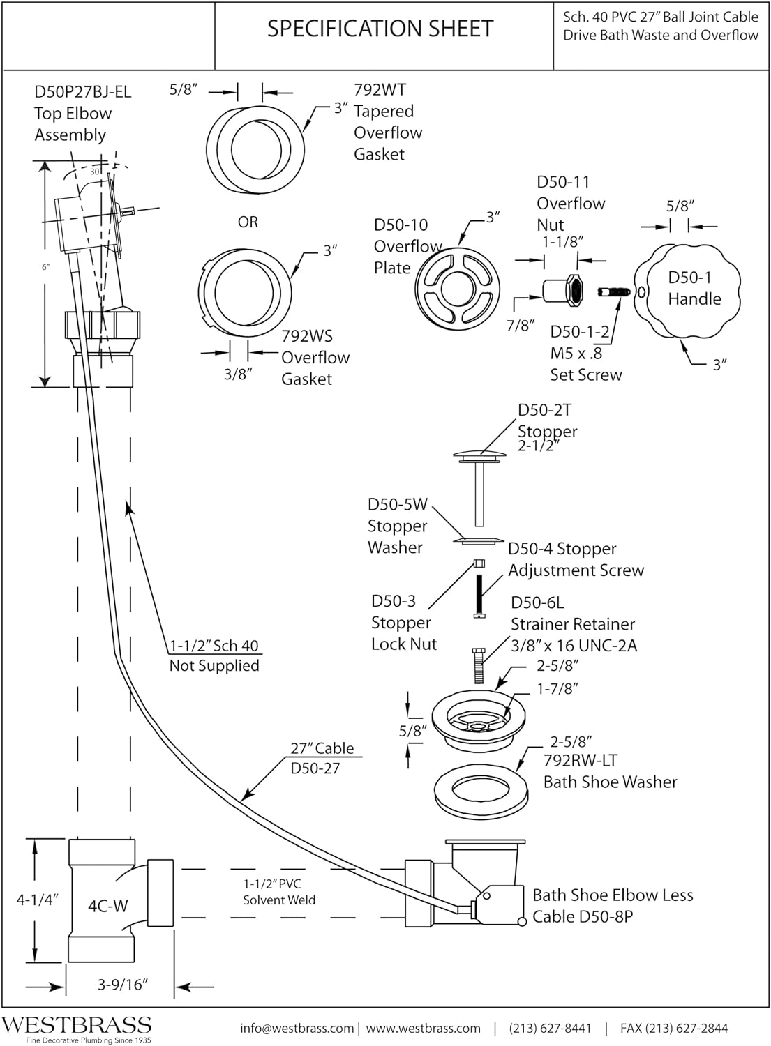 Westbrass Sch. 40 PVC 27 in. Cable Drive Bath Waste - Ball Joint Head, Polished Brass, D50P27BJ-01