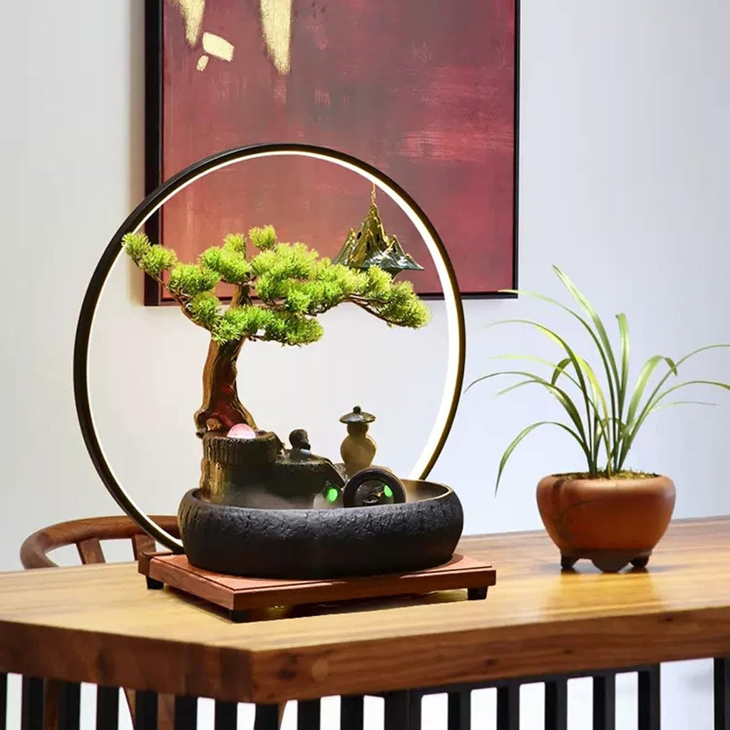 Desktop Fountain Ceramic Tabletop Fountain with LED Lighting Rockery Water Features Zen Cascading Feng Shui Waterfall Table Ornaments for Living Room Office(Black)