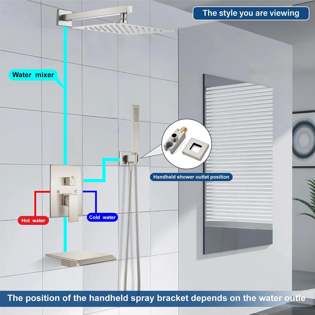 Midanya Brushed Nickel Single Handle Slotted Waterfall Vanity Bathroom Sink Faucets with 10 Inch Brushed Nickel Rain Shower System Tub Shower Faucet Set Square Rainfall Shower Head