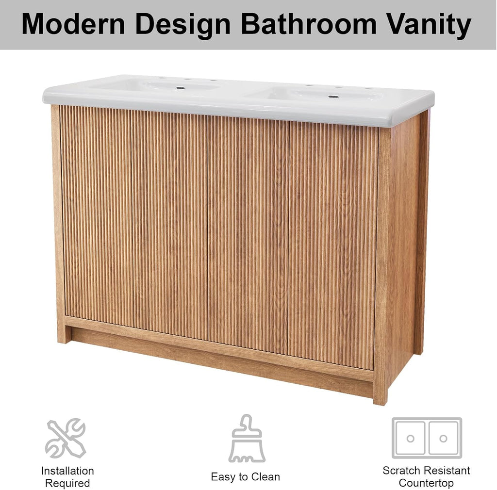 46.7 inch Bathroom Sink Vanity Combo, Large Freestanding Double Bath Vanity Sink Set with 4 Cabinets, Dual Basin Bathroom Storage Cabinet, Natural Wood Color