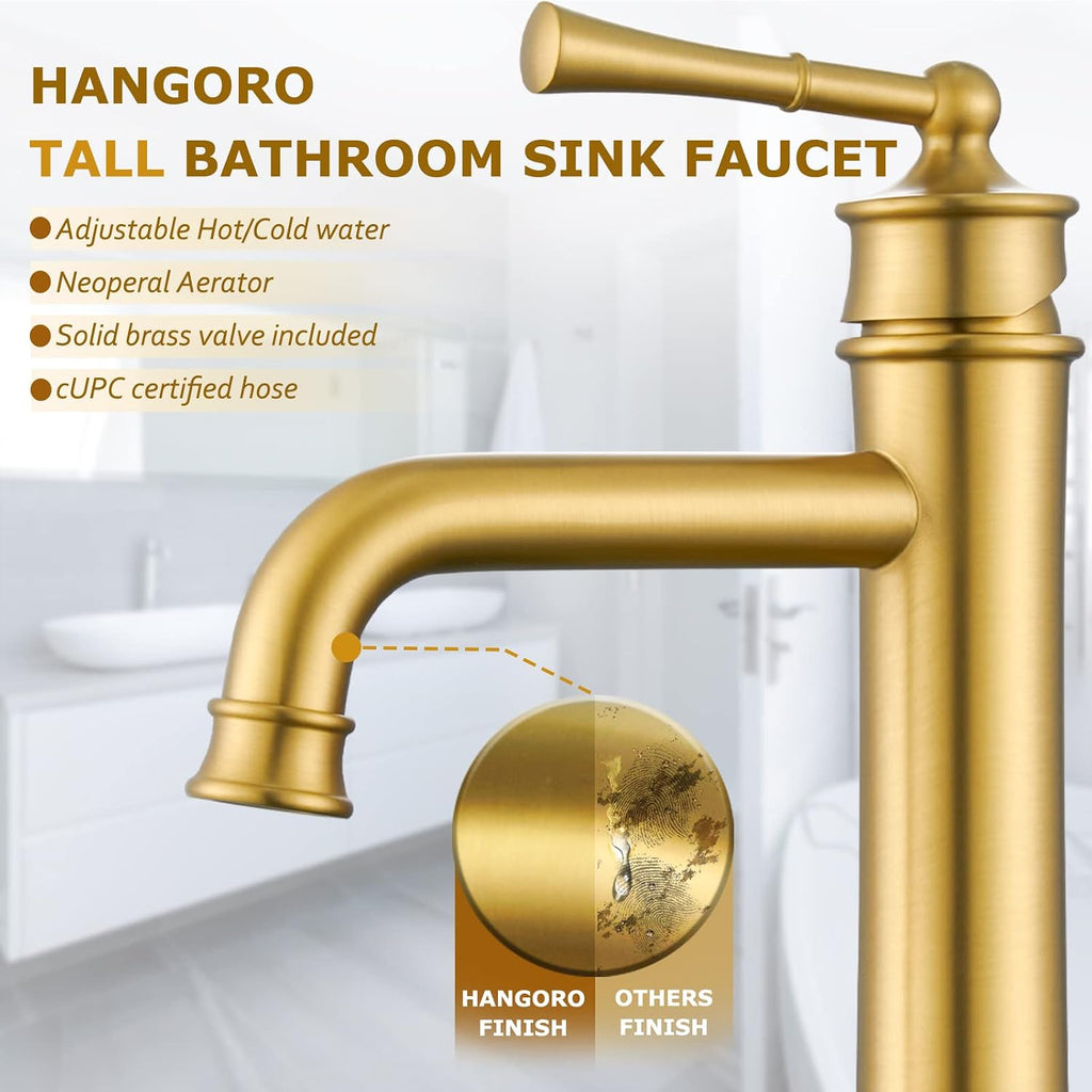 Vessel Sink Faucet Brushed Gold Tall Bathroom Faucet Deck Mount Single Handle One Hole Lavatory Vanity Faucet with Pop Up Drain Assembly Bathroom Sink Faucet for Mixer Bowl(L2302-BG)