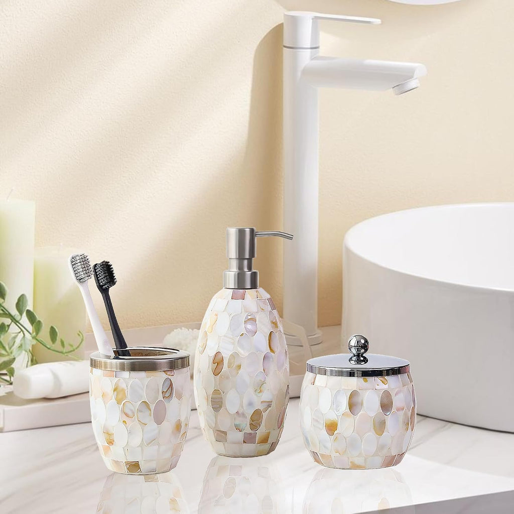 Natural Shell Bathroom Accessories Sets 5 Pcs | Luxurious Glass Soap Dispenser, Toothbrush Holder, Cotton Glass Jar, Small Bathroom Trash Can, Toilet Brush | Modern Seashell Bathroom Decor