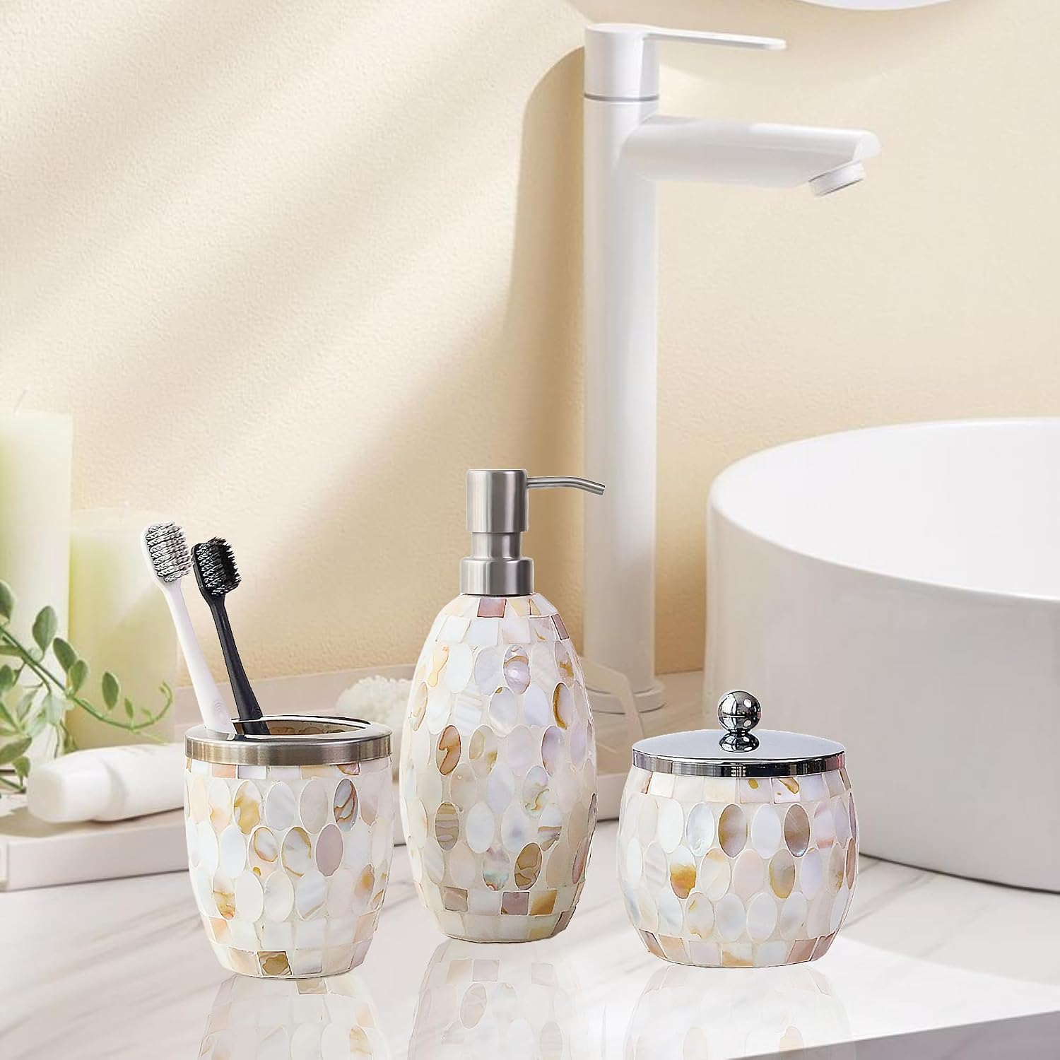 Natural Shell Bathroom Accessories Sets 5 Pcs | Luxurious Glass Soap Dispenser, Toothbrush Holder, Cotton Glass Jar, Small Bathroom Trash Can, Toilet Brush | Modern Seashell Bathroom Decor